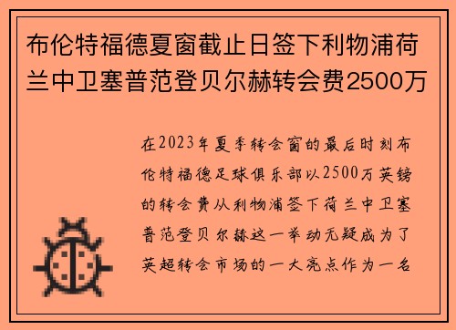 布伦特福德夏窗截止日签下利物浦荷兰中卫塞普范登贝尔赫转会费2500万英镑 布伦特福德夏窗截止日签下利物浦荷兰中卫塞普范登贝尔赫转会费2500万英镑